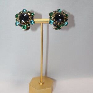 Vint Schreiner Pat Pend Emerald Green and Aqua Glass with Sapphire Clip Earrings